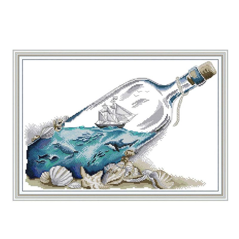 CaptainCrafts Cross Stitch Kits Stamped Cross Sttich Printed Fabric Cross Stitching DIY Art DMC Needlecrafts Embroidery Kit for Adults Beginner (Stamped, Drifting Bottle in The Sea) - Image 1